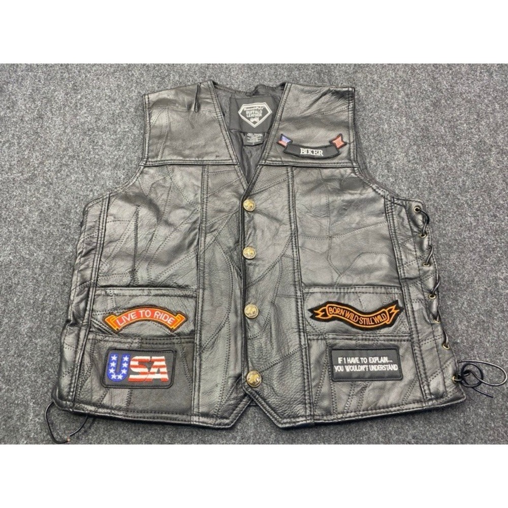 Diamond Plate Leather Vest Mens Large Black Patchwork Biker Patches Lace Up Side